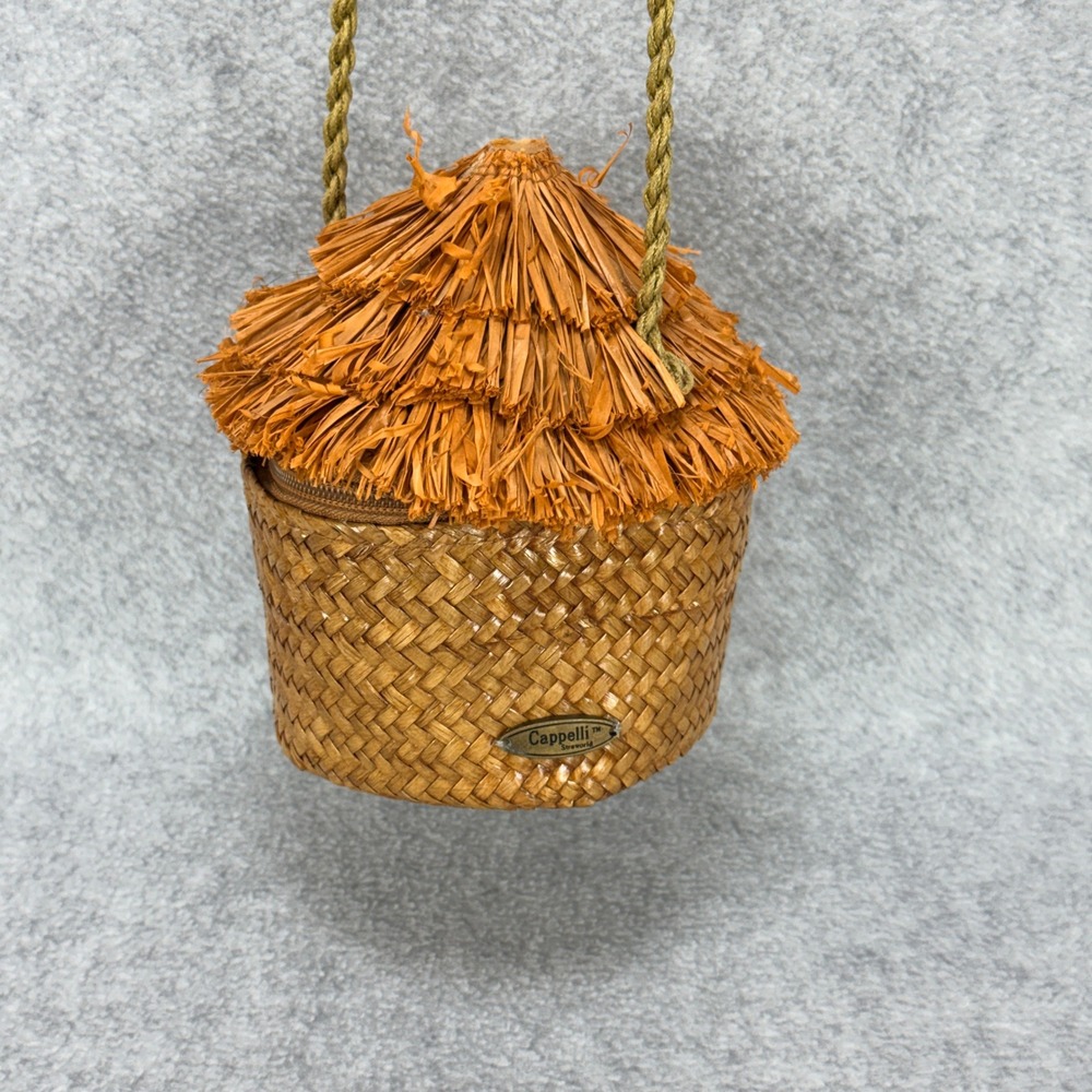 VTG Y2K Cappelli‎ Strawworld Novelty Hut Crossbody Bag Small Brown Tiki Tropical